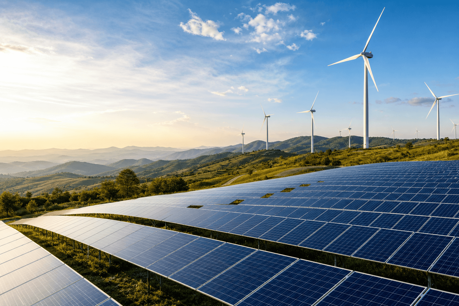 Utility-scale solar and wind generation across open landscape